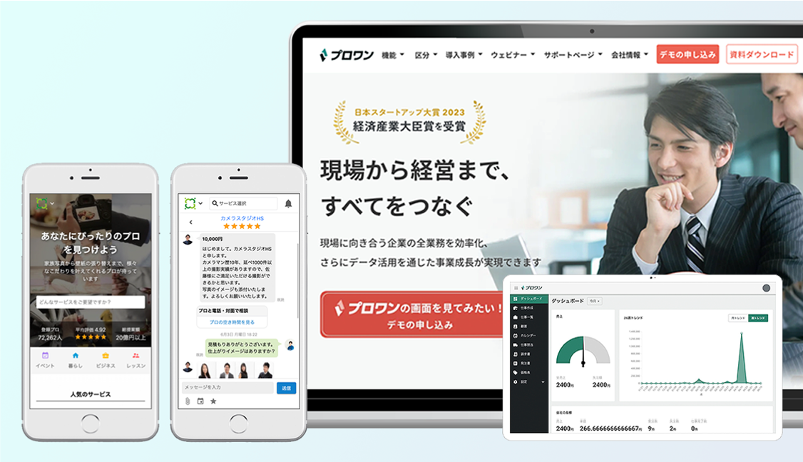 施工管理業務の生産性、売上、顧客満足を向上させるSaaS「プロワン」